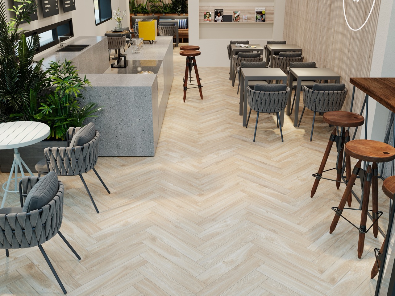 Кварцвиниловый SPC ламинат Cronafloor Herringbone Дуб Ницца H002 венгерская елка 640×128×4,5 фото в интерьере